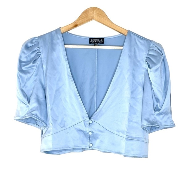 New Danielle Bernstein Powder Blue Satin Puff Sleeves Crop Top US XL - Picture 2 of 8